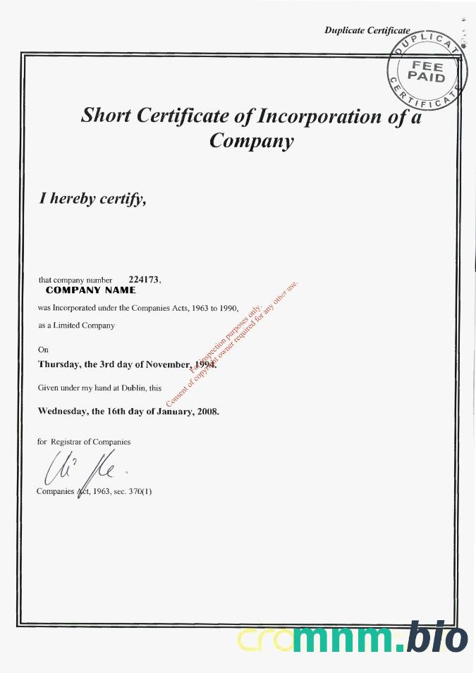Ireland vcertyfikat of inkorporacja Word i szablon PDF